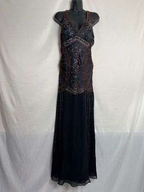 Sue Wong Black Beaded Evening dress with Bronze Accents